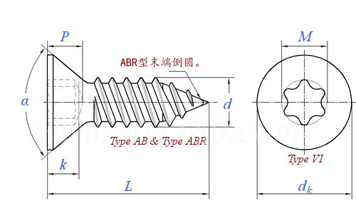 ASME B 18.6.3 (H1B-VI+T1A) - 2024 梅花槽82°沉頭 AB ABR自攻螺釘