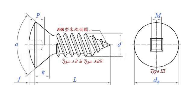ASME B 18.6.3 (H2B-III+T1A) - 2024 四方槽半沉頭 AB ABR自攻螺釘