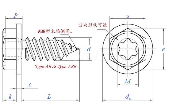 ASME B 18.6.3 (H10B-VI+T1A) - 2024 梅花槽六角凸缘头 AB ABR自攻螺钉