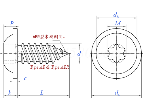 ASME B 18.6.3 (H12B-VI+T1A) - 2024 梅花槽圓頭凸緣 AB ABR自攻螺釘