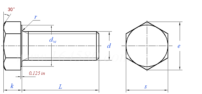 BS  1083 - 1965 精制六角头螺钉, 垫圈面, 全牙 - B.S.W. & B.S.F.英制螺纹