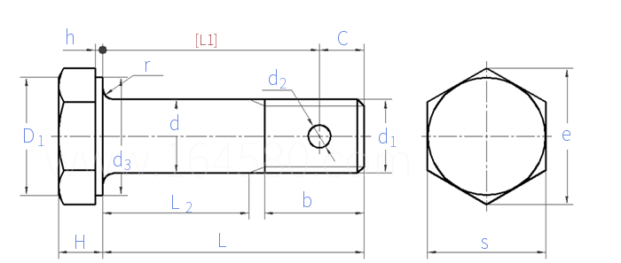 GJB  3374 (/13~/15) - 1998 MJ螺纹光杆公差带h8短螺纹小六角头螺栓