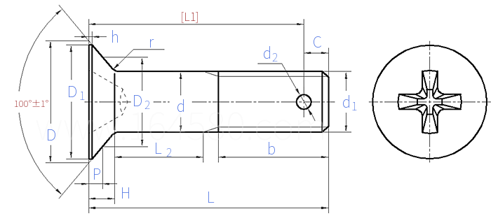 GJB  3374 (/30) - 1998 MJ螺紋光杆公差帶f9十字槽100°沉頭螺栓