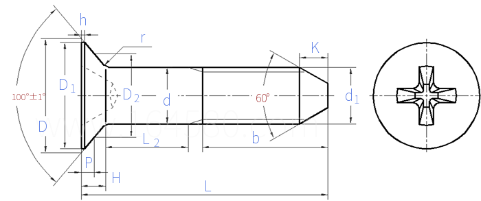 GJB  3374 (/31) - 1998 MJ螺纹十字槽100°沉头锥端螺栓