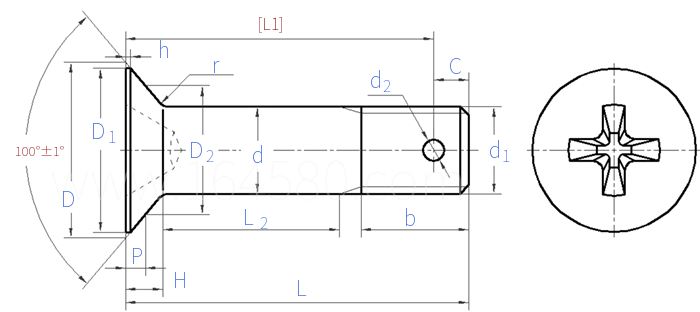 GJB  3374 (/32) - 1998 MJ螺紋光杆公差帶h8短螺紋十字槽100°沉頭螺栓