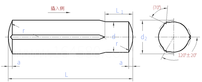 ISO  8739 (RN) - 2025 帶導桿及全長平行溝槽, 倒圓端