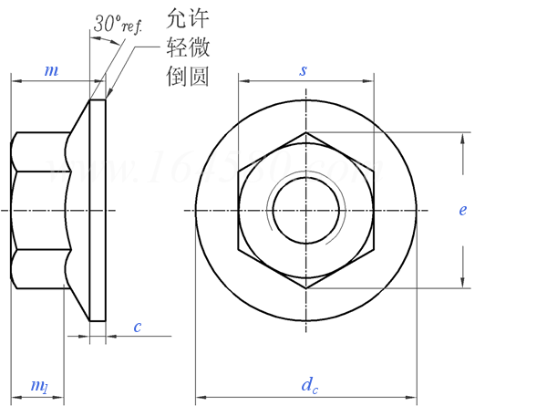 ASME B 18.2.2 (T12-HF) - 2015 六角法兰螺母 [Table 12] (ASTM A563 / F594 / F467)