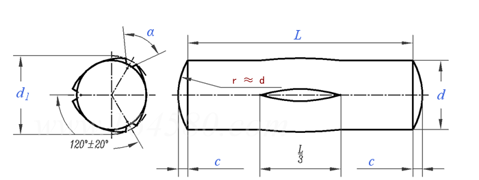 DIN  1475 - 1978 槽销，中部槽长为1/3全长
