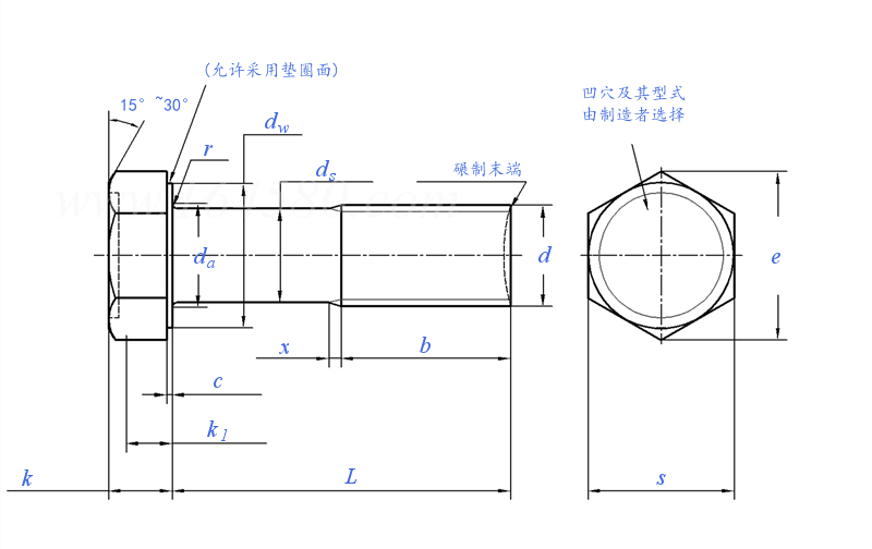 GOST R 50791 - 1995 B級六角頭細杆螺栓