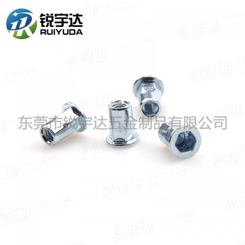 YJT8002平圓頭内外半六角鉚螺母平頭内外半六角拉帽藍鋅