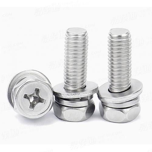 十字槽凹穴六角头螺栓、弹簧垫圈和平垫圈组合件