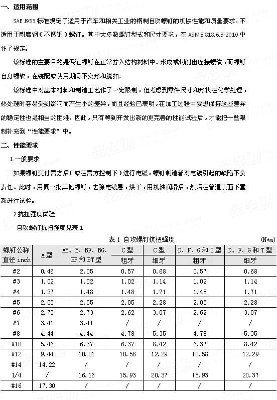 SAE J 933 - 2005 普通自攻螺钉和自切自攻螺钉的机械性能标准