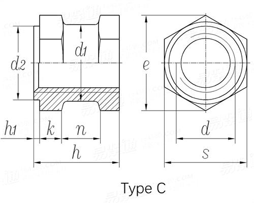 DIN  16903 (C) - 1974 六角通孔中間帶槽台階鑲入螺母 - C型