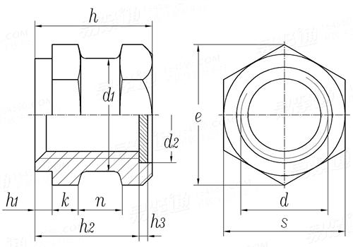 DIN  16903 (G) - 1974 六角通孔中間帶槽台階鑲入螺母 帶密封墊圈 G型