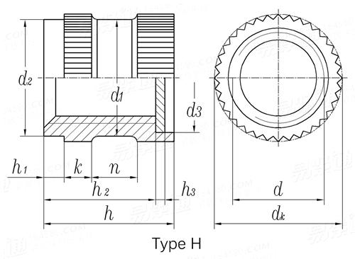 DIN  16903 (H) - 1974 滾花通孔中間帶槽台階鑲入螺母 帶密封墊 H型
