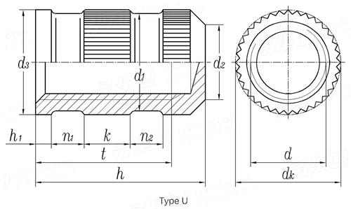 DIN  16903 (U) - 1974 滾花通孔中間帶槽多台階鑲入螺母 封閉型 U型