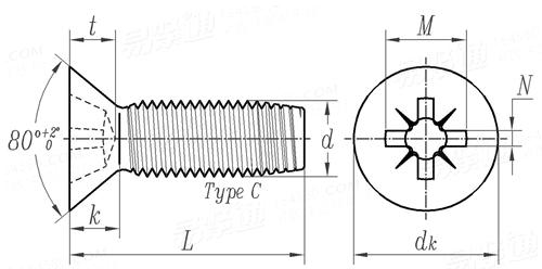 ASME B 18.6.4 - 1998 (R2005) IA型米字槽沉头自攻锁紧螺钉 C型(统一螺纹) [Table 11]