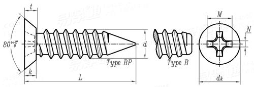 ASME B 18.6.4 - 1998 (R2005) I型十字槽沉头清根自攻螺钉 B,BP型 [Table 14]