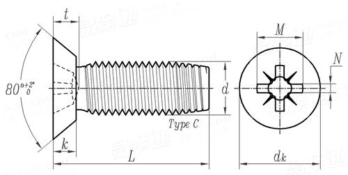 ASME B 18.6.4 - 1998 (R2005) IA型米字槽沉头清根自攻螺钉 C型(统一螺纹) [Table 15]