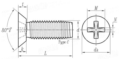 ASME B 18.6.4 - 1998 (R2005) II型十字槽沉头清根自攻螺钉 C型(统一螺纹) [Table 16]