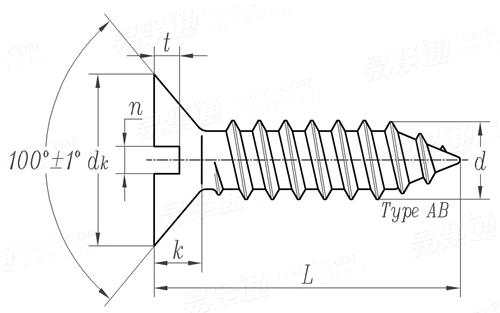 ASME B 18.6.4 - 1998 (R2005) 开槽100°沉头自攻螺钉 AB型 [Table VI1]
