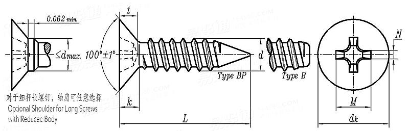 ASME B 18.6.4 - 1998 (R2005) I型十字槽100°沉头自攻螺钉 B,BP型 [Table VI2]