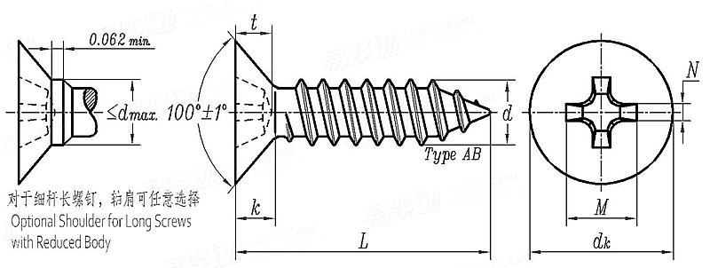 ASME B 18.6.4 - 1998 (R2005) I型十字槽100°沉头自攻螺钉 AB型 [Table VI2]