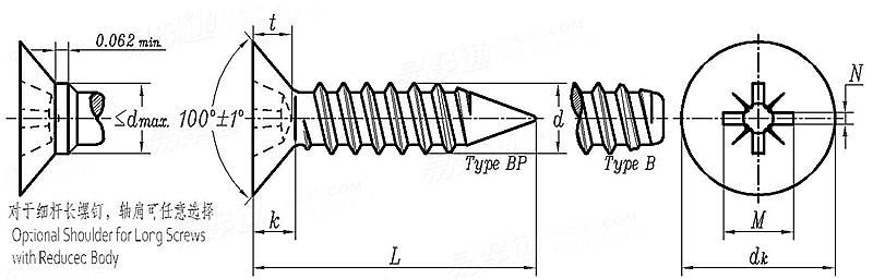 ASME B 18.6.4 - 1998 (R2005) IA型米字槽100°沉头自攻螺钉 B,BP型 [Table VI3]