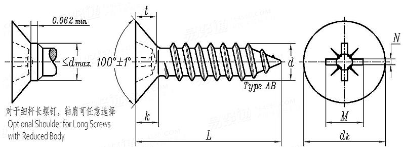 ASME B 18.6.4 - 1998 (R2005) IA型米字槽100°沉头自攻螺钉 AB型 [Table VI3]