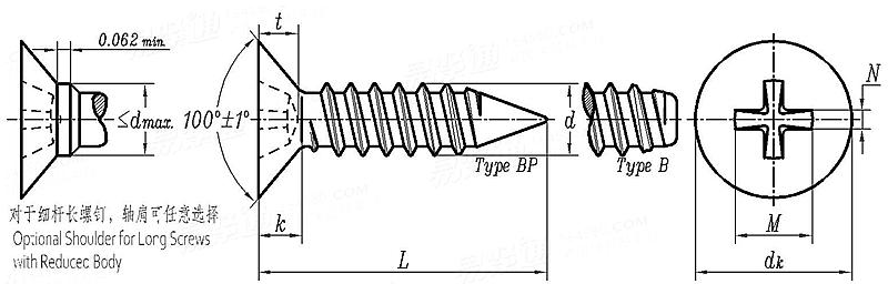 ASME B 18.6.4 - 1998 (R2005) II型十字槽100°沉头自攻螺钉 B,BP型 [Table VI4]
