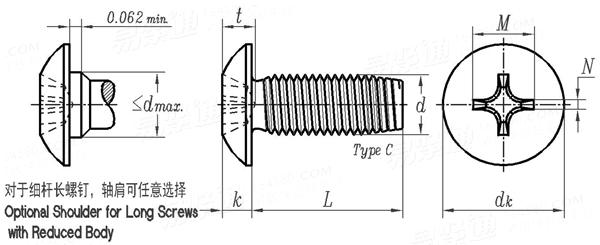 ASME B 18.6.4 - 1998 (R2005) I型十字槽大扁頭自攻螺釘 C型(統一螺紋) [Table F2]