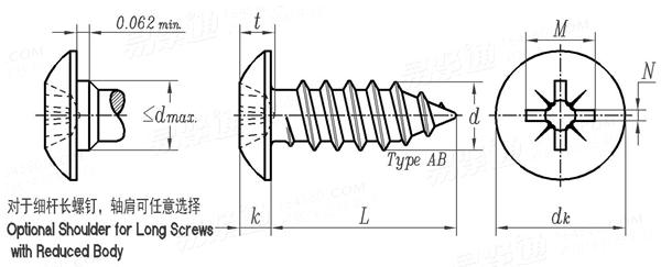 ASME B 18.6.4 - 1998 (R2005) IA型米字槽大扁頭自攻螺釘 AB型 [Table F3]