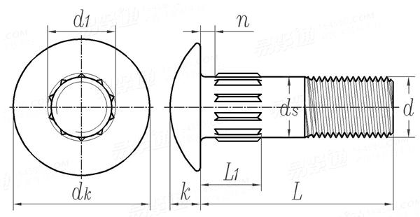 ASME/ANSI B 18.5 (T4) - 2012 英制圆头滚花颈螺栓 [Table 4] (A307, SAE J429, F468, F593)
