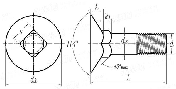 ASME/ANSI B 18.5 (T8) - 2012 英制114°沉头方颈螺栓 [Table 8] (A307, SAE J429, F468, F593)