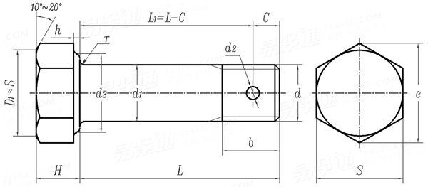 GJB  3371 (/77~/78) - 1998 光杆公差带r6短螺纹六角头螺栓