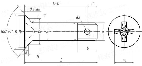 GJB  3371 (/64) - 1998 光杆公差帶h8短螺紋十字槽 100°沉頭螺栓